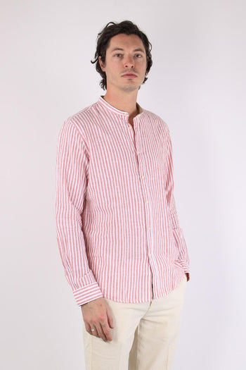 Camicia Coreana Lino Riga Corallo - 6