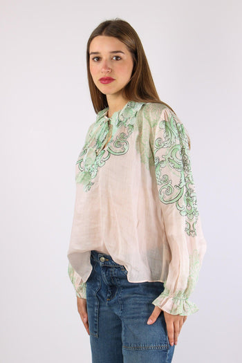 Camicia Lino Fantasia Inserto Nappine Crema/verde - 6