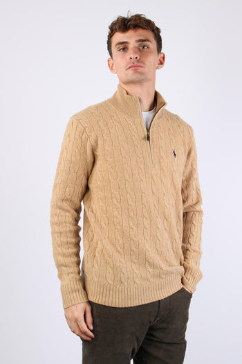 Pullover Mezza Zip Lana Trecce Camel Melange - 3