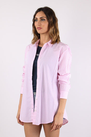 Camicia Cotone Riga Ricamo Schiena Bianco/rosa - 4