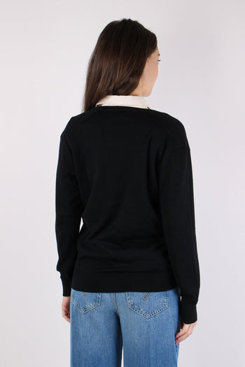 Pullover Cotone Scollo V Polo Black - 4