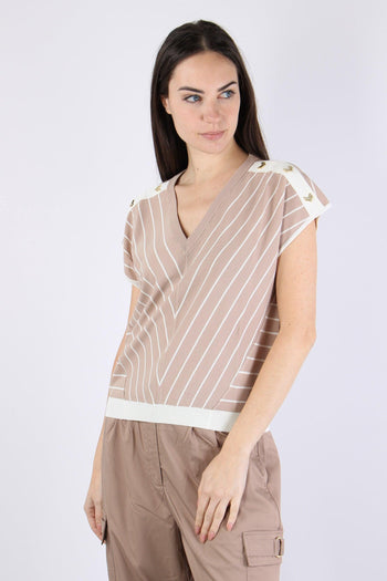 Maglia Scollo V Bottoni Riga Almond/white - 2