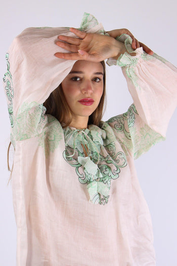 Camicia Lino Fantasia Inserto Nappine Crema/verde - 5