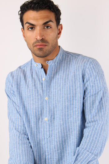 Camicia Coreana Lino Righe Azzurro/bianco - 6