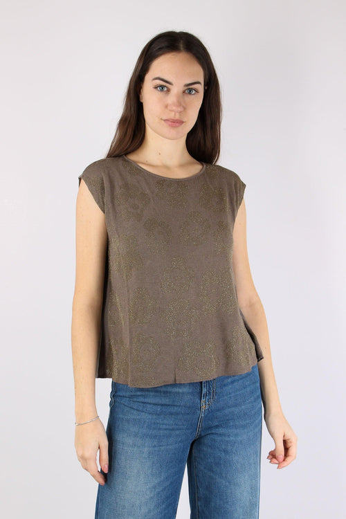 Top Smanicato Ricami Lurex Tortora