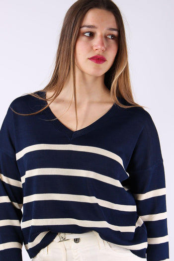 Maglia Scollo V Righe Blu/panna - 8