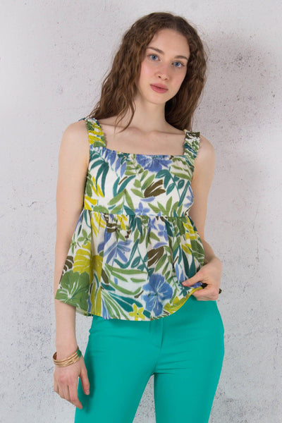 Top Spalla Arriccio Fantasia Tropical Leaves