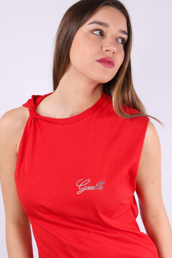 T-shirt Asimmetrica Logo Stras Rosso - 5
