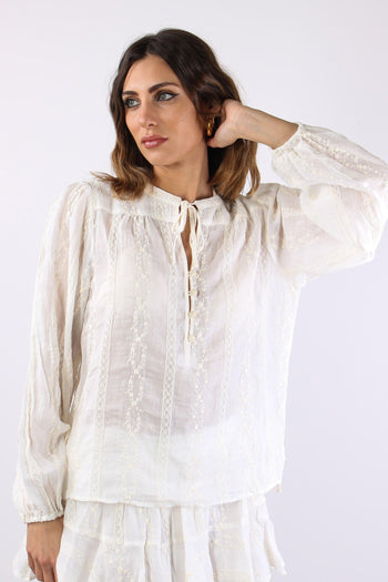 Blusa Ricami Laccetto Collo Panna - 7