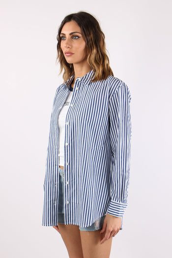 Camicia Cotone Riga Ricamo Schiena Bianco/blu - 3