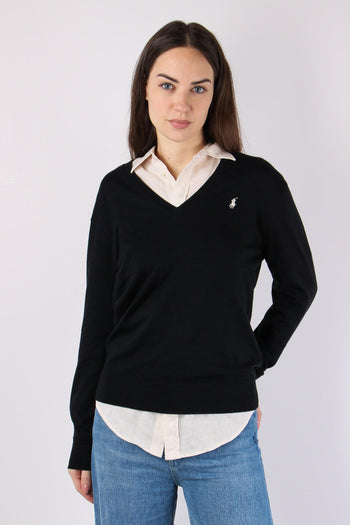 Pullover Cotone Scollo V Polo Black - 2
