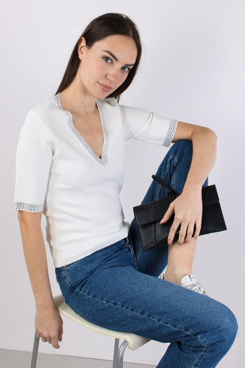 Maglia Scollo V Strass Bianco Lana - 2