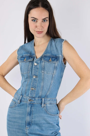 Abito Jeans Smanicato Spacco Denim Medio - 9