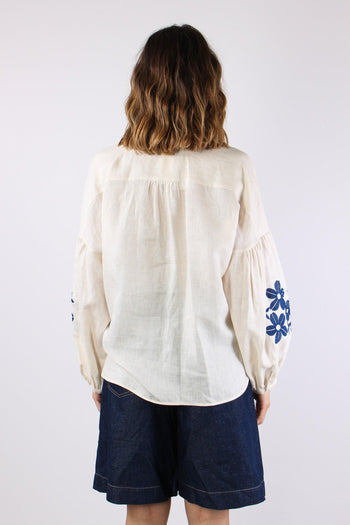 Destro Camicia Lino Ricami Ecru - 4