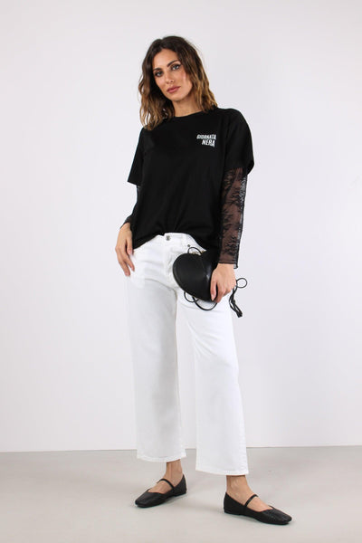 T-shirt Manica Pizzo Stampa Nero
