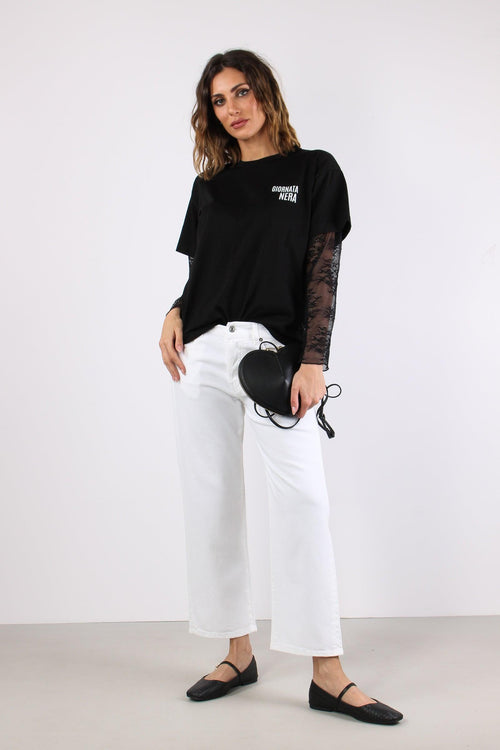 T-shirt Manica Pizzo Stampa Nero