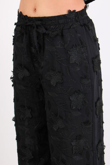 Pantalone Applicazione Fiori Nero - 7