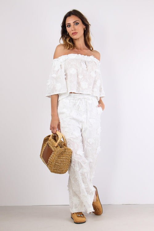Pantalone Applicazione Fiori Bianco
