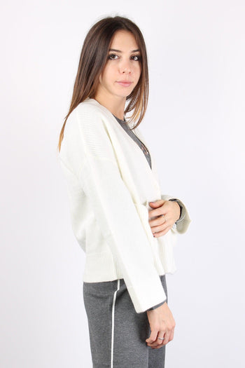 Cardigan Canettato Tasca Bianco Lana - 4