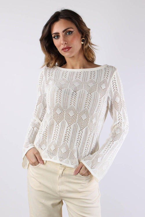 Maglia Macrame Manica Lunga Bianco Lana