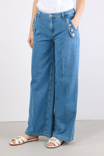 Jeans Flare Bottoni Strass Denim Chiaro - 7