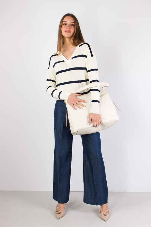 Maglia Righe Scollo V Schiena Panna/blu