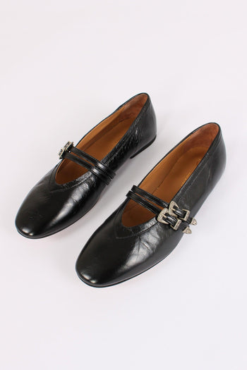 Ballerina Pelle Doppia Fibbia Nero - 2