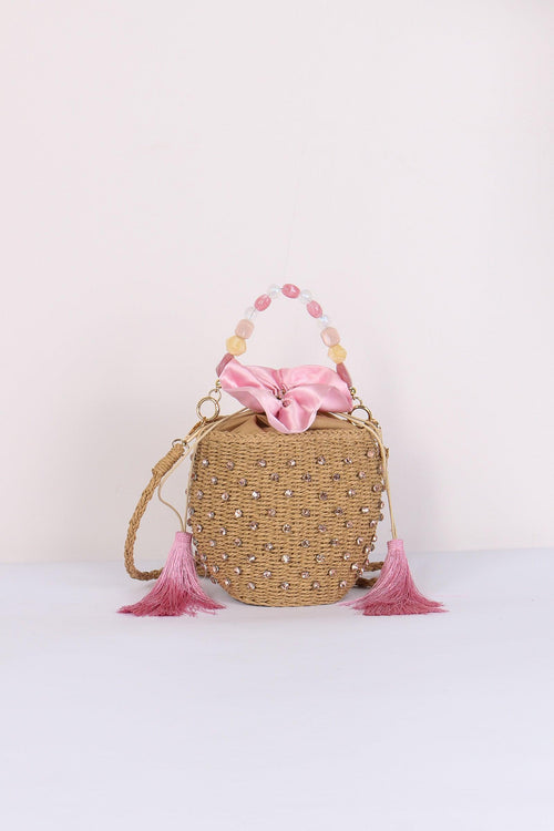 Secchiello Paglia Strass Pink