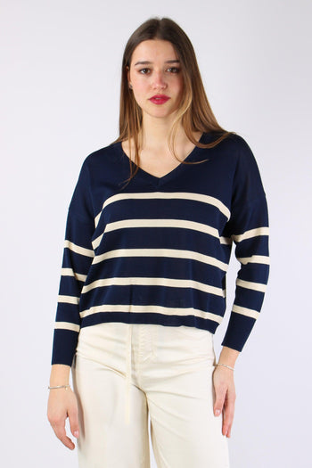 Maglia Scollo V Righe Blu/panna - 2