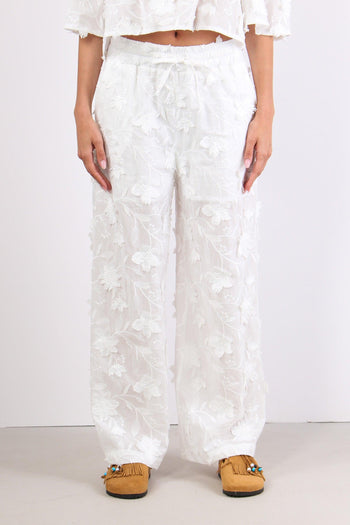 Pantalone Applicazione Fiori Bianco - 2