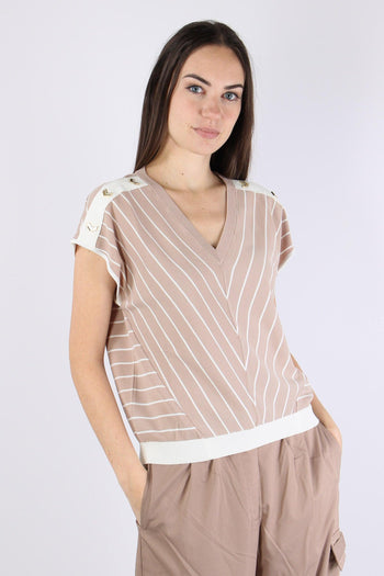 Maglia Scollo V Bottoni Riga Almond/white - 7