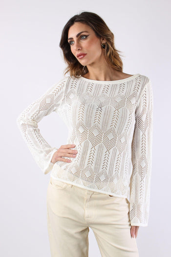 Maglia Macrame Manica Lunga Bianco Lana - 7
