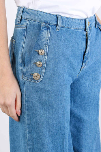 Jeans Flare Bottoni Strass Denim Chiaro - 6