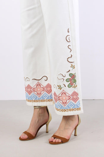Adunco Pantalone Fondo Ricami Off White - 7