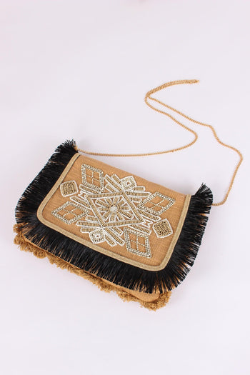 Pochette Ricami Frange Camel - 3