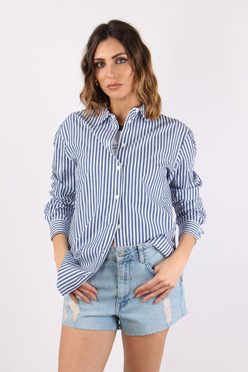 Camicia Cotone Riga Ricamo Schiena Bianco/blu - 2