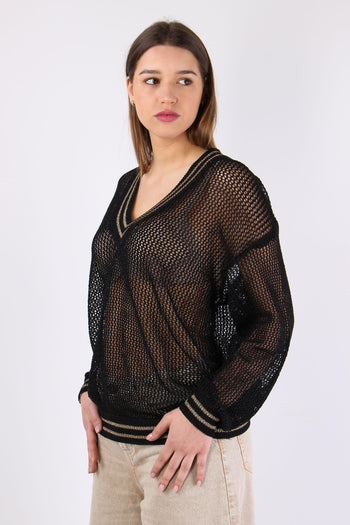 Maglia Scollo V Traforata Nero - 6
