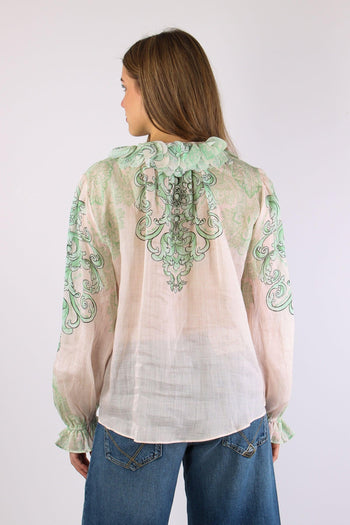 Camicia Lino Fantasia Inserto Nappine Crema/verde - 7