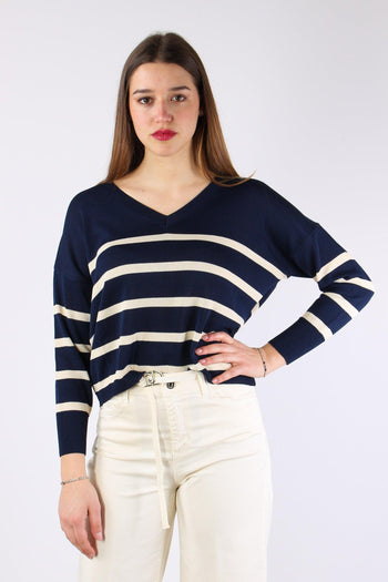 Maglia Scollo V Righe Blu/panna - 3