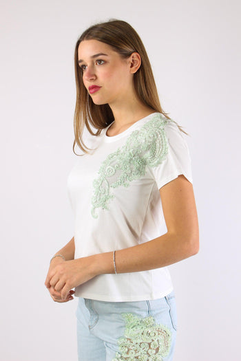 T-shrit Inserto Pizzo Paillettes Bianco - 4