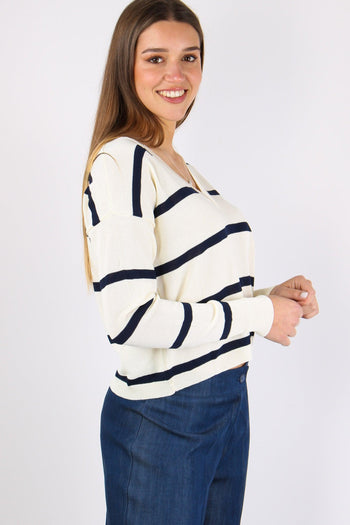 Maglia Righe Scollo V Schiena Panna/blu - 6