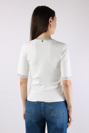 Maglia Scollo V Strass Bianco Lana - 4