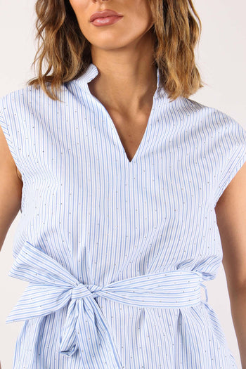 Camicia Smanicata Strass Cintu Blu - 7