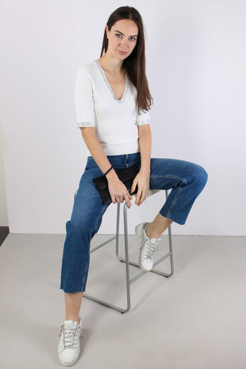 Maglia Scollo V Strass Bianco Lana - 5