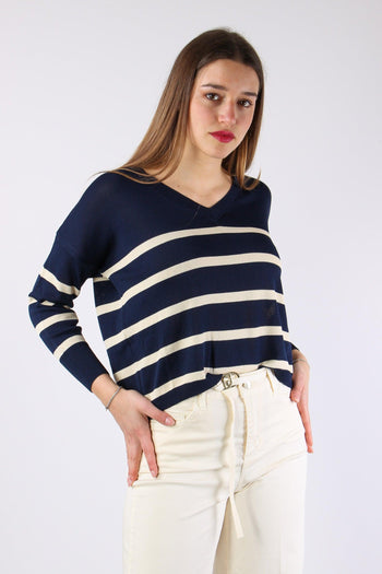 Maglia Scollo V Righe Blu/panna - 7