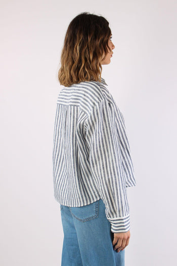 Albatro Camicia Lino Riga Tasca Bianco/blu - 6