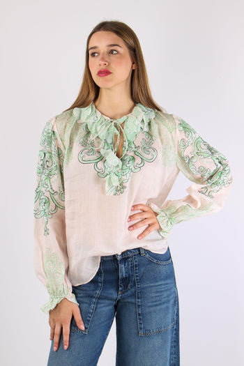 Camicia Lino Fantasia Inserto Nappine Crema/verde - 3