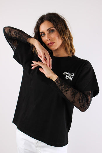 T-shirt Manica Pizzo Stampa Nero - 3