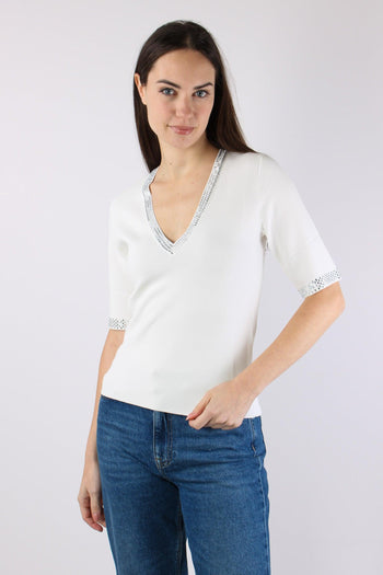 Maglia Scollo V Strass Bianco Lana - 3