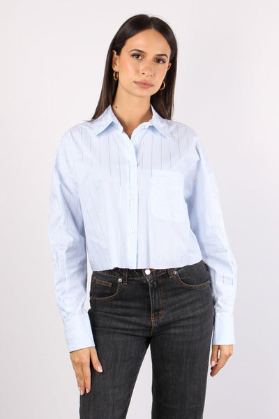 Camicia Corta Riga Laminata Celeste